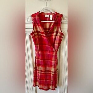 🔴 LIZ CLAIBORNE SLEEVELESS RED TAN PINK PLAID WRAP DRESS - SIZE 8